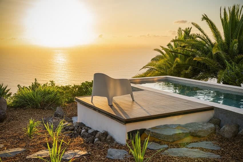 Pool bei Sonnenuntergang, Villa SkyView, Villa La Punta mit Pool, La Palma
